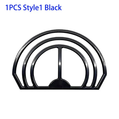 Black plastic hat brim bender with black semi-circular metal rack and concentric arched design for decorbites hat display