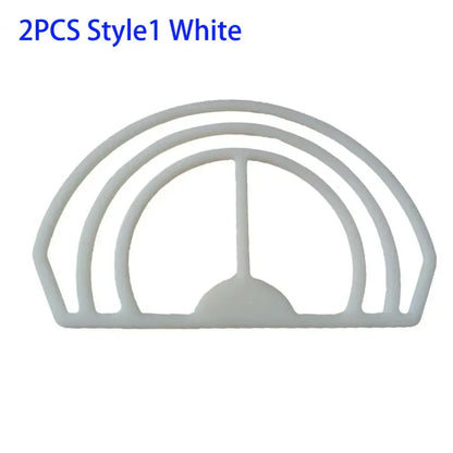 White plastic semi-circular hat brim bender with three concentric arches and central bar for decorbites hat display