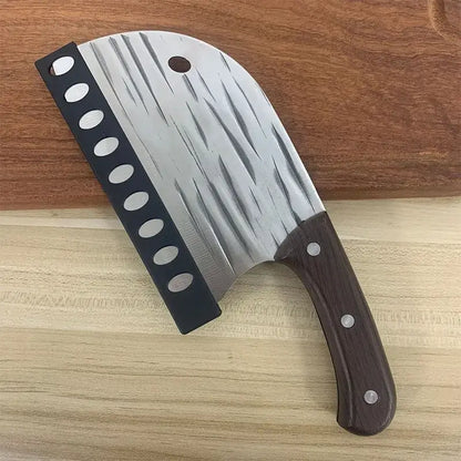 Black plastic knife blade protectors set with a stainless steel cleaver featuring a textured blade and dark brown wooden handle
