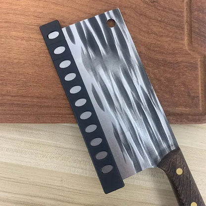 A hammered stainless steel cleaver with dark wood handle shown with black plastic knife blade protectors from decorbites