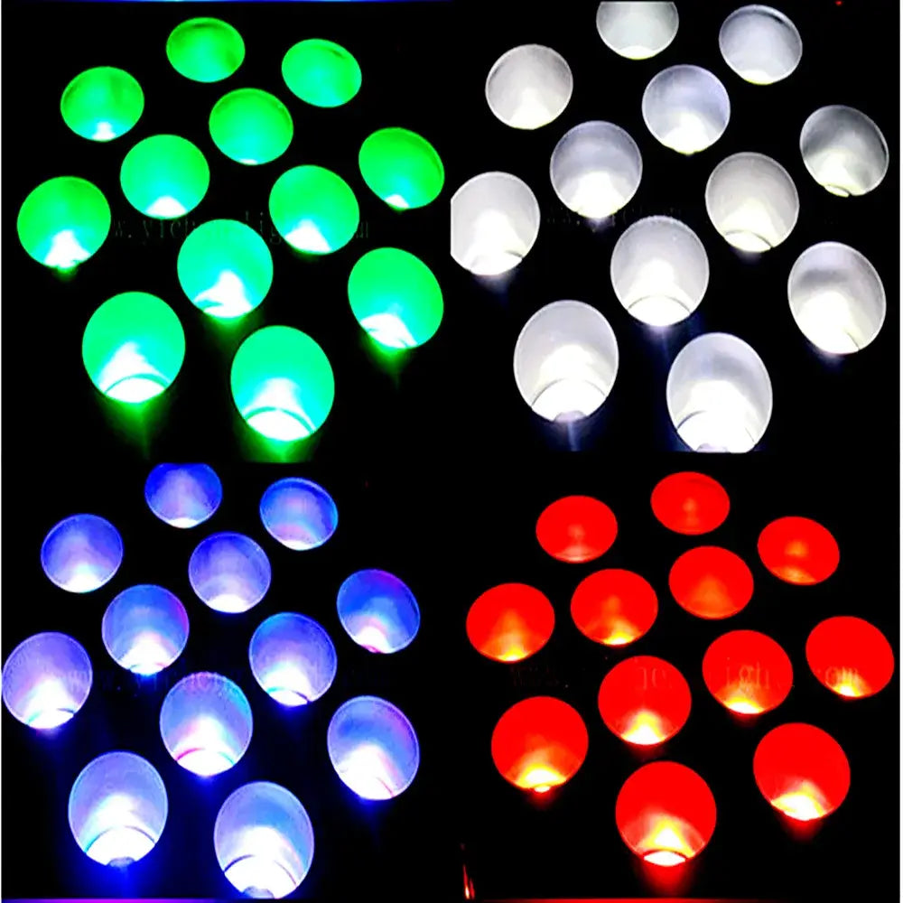 A black and purple 4in1 quad 12x12w stage light showing a grid of circular green white blue and red led lights
