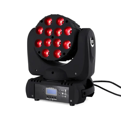 Black and purple quad 12x12w stage light with 16 red leds in circular pattern for dynamic stage lighting effects