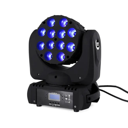 Black and purple 4in1 quad 12x12w stage moving head spotlight with 16 blue led bulbs in circular pattern stage light