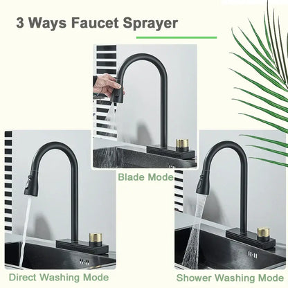 Black rainwater kitchen faucet matte black sprayer with gold-toned accents and sleek curved design by decorbites black rainwater