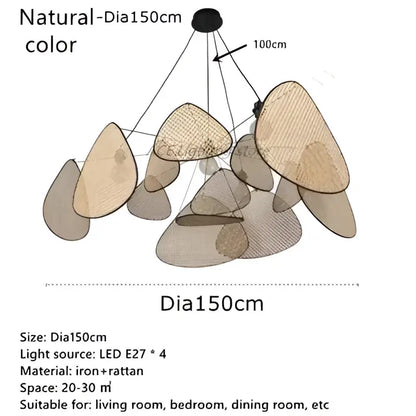 A decorbites black rattan ceiling chandelier with organic iron and rattan design for dining room pendant lighting