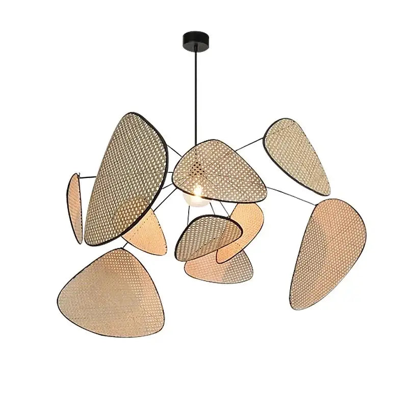 Modern decorbites black rattan ceiling chandelier with irregular woven beige panels and black metal arms for dining room decor