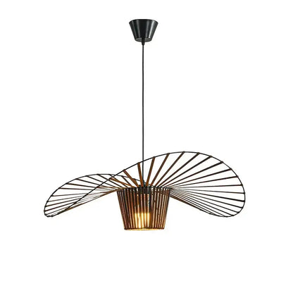 Black metal pendant led chandelier with fan-like openwork and warm wooden slats by decorbites black rattan hat design