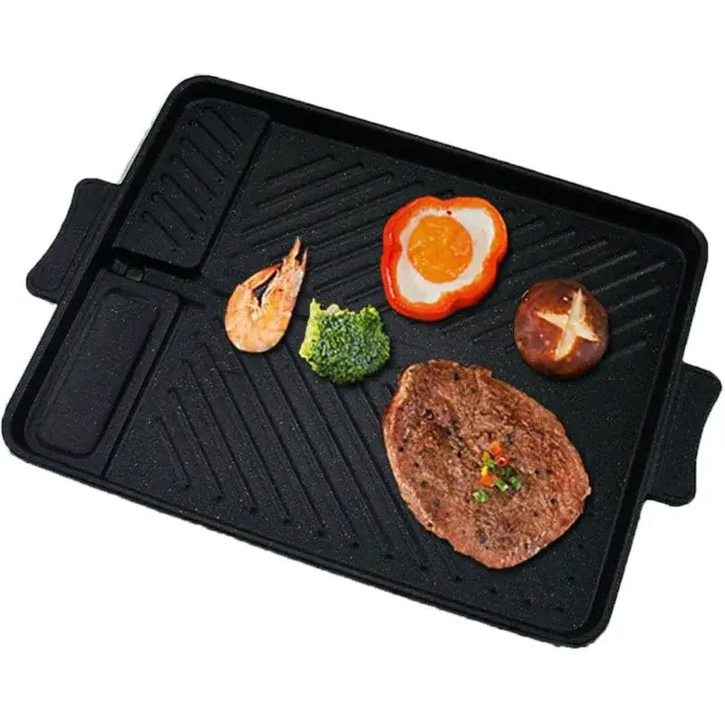 Black rectangular non stick korean grill pan with divided cooking zones and side handles by decorbites korean grill