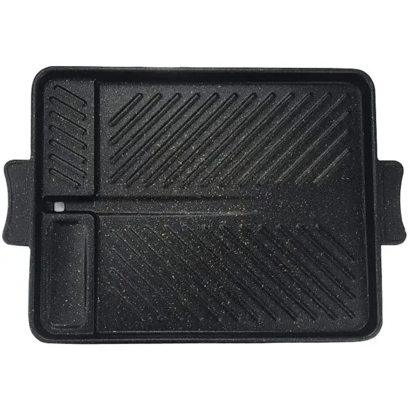 Black rectangular non stick korean grill pan with divided diagonal ridges and two side handles decorbites korean grill