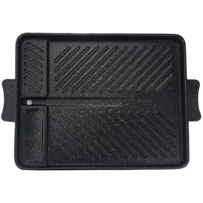 Black rectangular non stick korean grill pan with divided diagonal ridges and two side handles decorbites korean grill