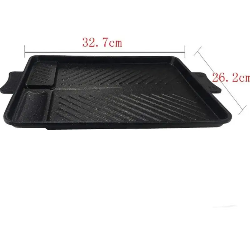 Black rectangular non stick korean grill pan with two side handles and divided ridged cooking surface for decorbites korean grill