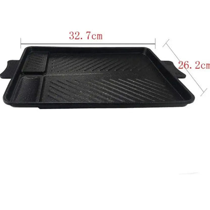 Black rectangular non stick korean grill pan with two side handles and divided ridged cooking surface for decorbites korean grill