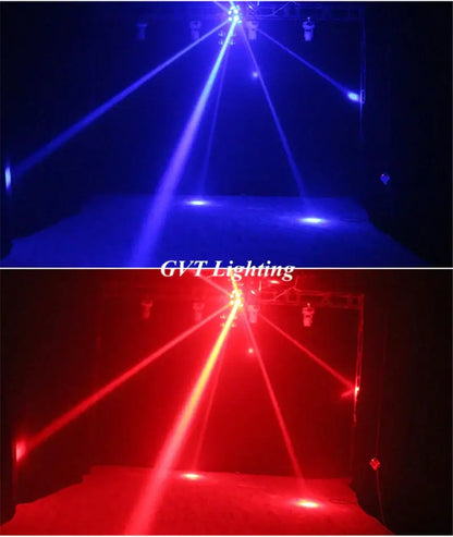 Black rgbw moving head light projecting vibrant blue and red laser beams in a nightclub dj spotlight setting