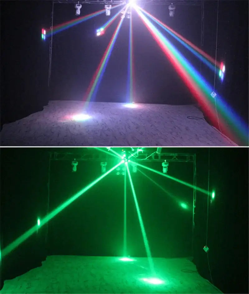 Black rgbw moving head light emitting vibrant red, blue, white, and green laser beams for nightclub dj spotlight use