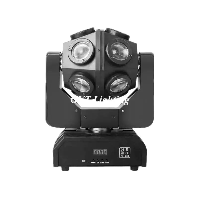 Black rgbw moving head light with four lenses digital display and control buttons for nightclub dj spotlight use
