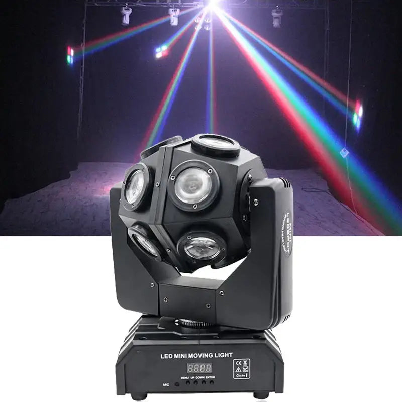 Black rgbw moving head light with multiple spotlights and digital display for nightclub dj use