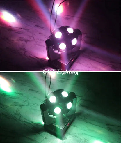 Black rgbw moving head light with six bright circular leds emitting vibrant purple and green beams for nightclub dj use
