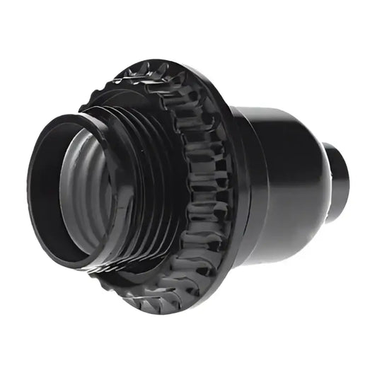 Black ridged bakelite e27 bulb holder with switch featuring a threaded base and ridged outer edge bedroom light socket