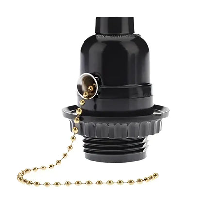 Black ridged bakelite e27 bulb holder with switch featuring black metal lamp shade pull chain and brass-colored toggle