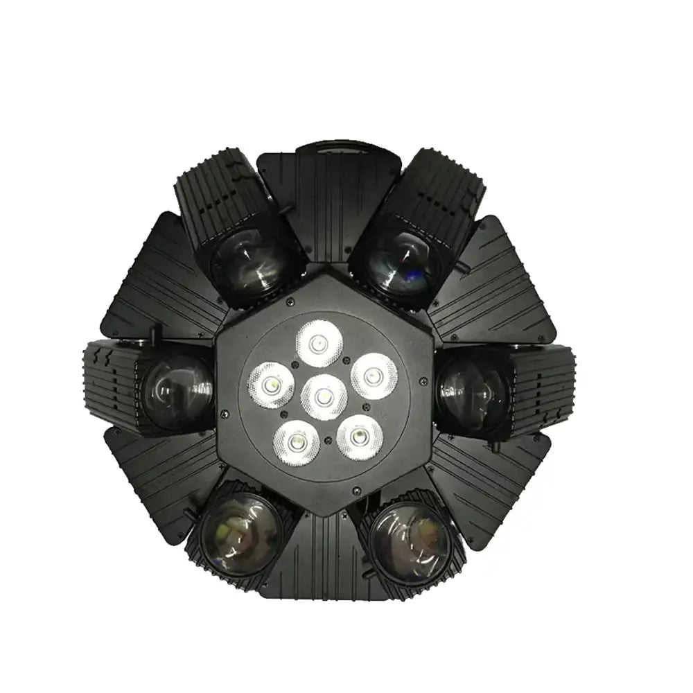 Black rotating bee eye led strobe beam moving head stage light with eight angled spotlights and central circular leds