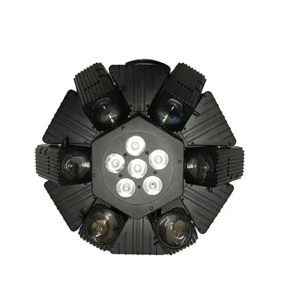 Black rotating bee eye led strobe beam moving head stage light with eight angled spotlights and central circular leds