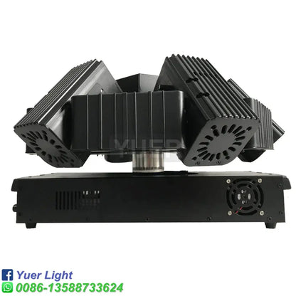 Black aluminum alloy beam moving head stage light with angular heat sinks and central mounting shaft for bee eye led strobe