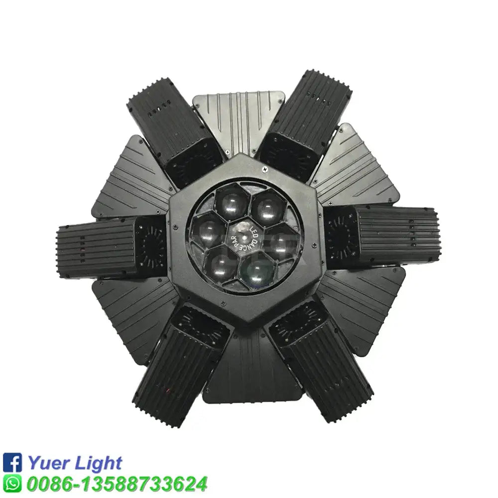 Black rotating bee eye led strobe beam moving head stage light with six ribbed arms and five central circular lenses