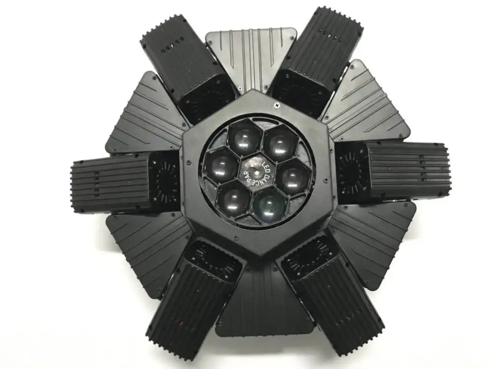 Black hexagonal beam moving head stage light with eight ribbed arms and central bee eye led strobe lens array