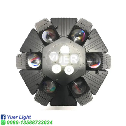 Black hexagonal bee eye led strobe beam moving head stage light fixture with six adjustable spotlight heads in circular pattern