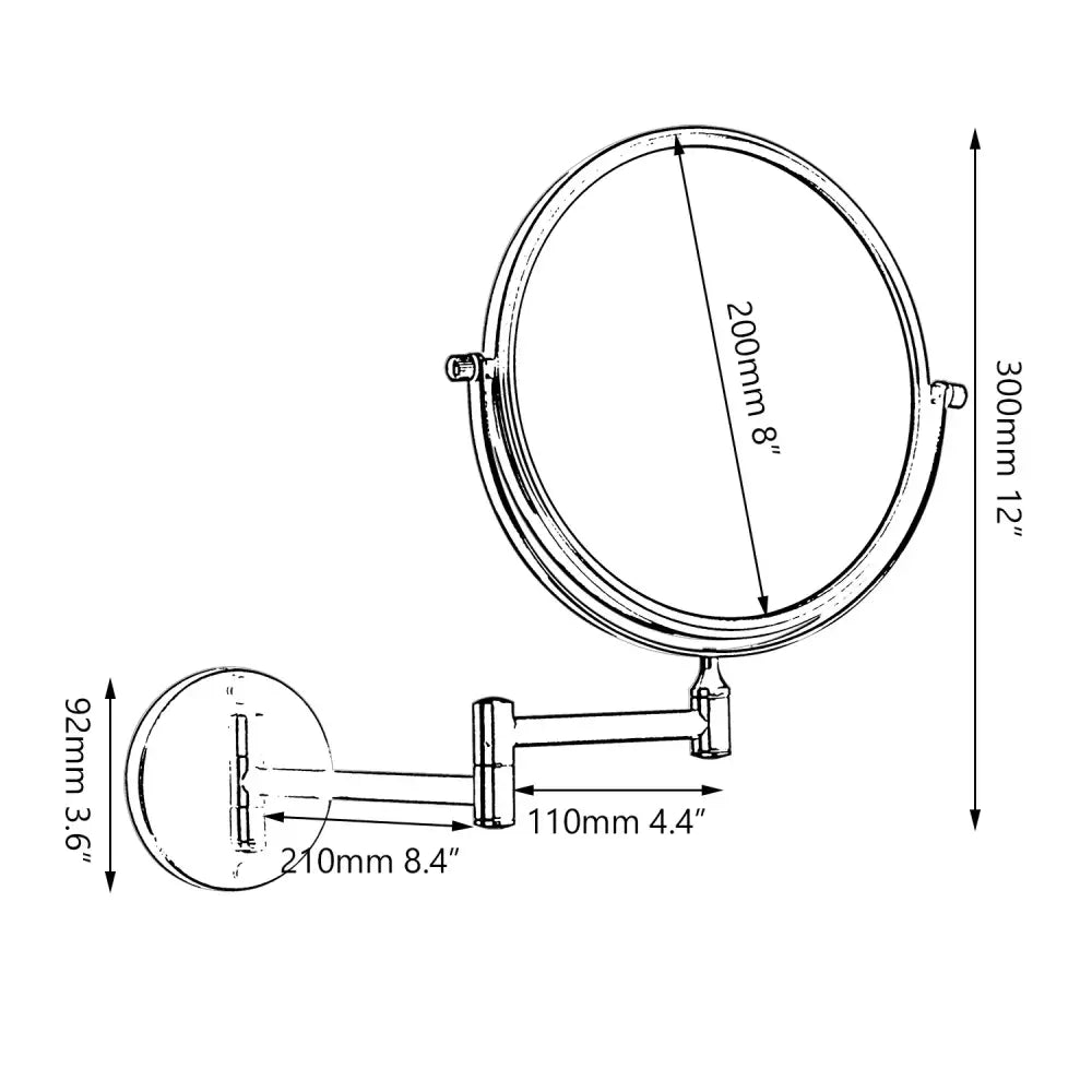 Black round magnifying wall mounted beauty mirror with polished chrome finish and decorbites 3x magnifying feature