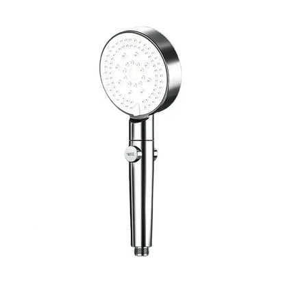 Shiny chrome-finished handheld decorbites black round shower head with circular nozzles and cylindrical handle for high pressure use