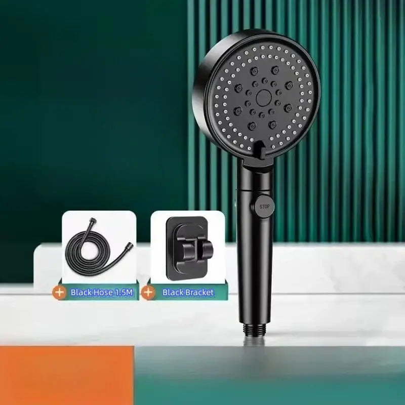 Black round shower head handheld bathroom sprayer with black matte finish multiple spray nozzles and central control button