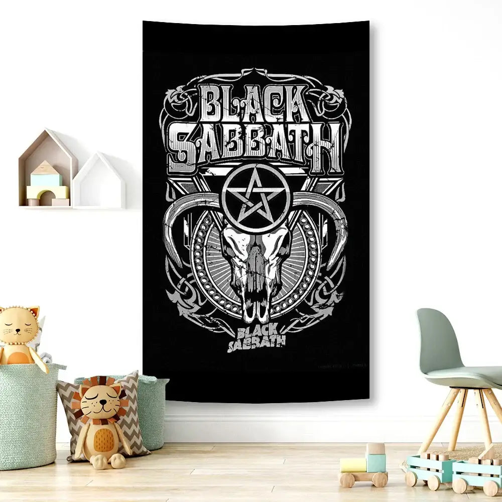 Black sabbath skull wall tapestry featuring white horned skull and pentagram on black background for rock decorbites decor