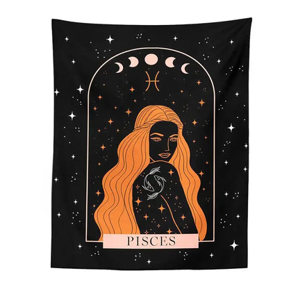 Black scorpio celestial constellation tapestry with stylized pisces woman moon phases for bedroom decorbites celestial constellation wall art
