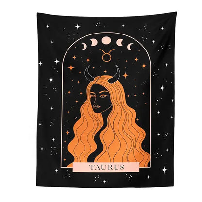 Black taurus zodiac celestial constellation tapestry with orange-haired woman framed by moon phases for decorbites bedroom wall art