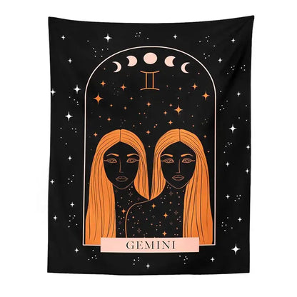 Black gemini zodiac tapestry with orange-haired figures under starry arch and moon phases for decorbites celestial constellation decor