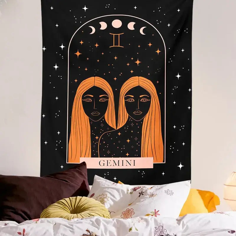 Black gemini-themed celestial constellation tapestry featuring two orange-haired figures under moon phases for decorbites wall art