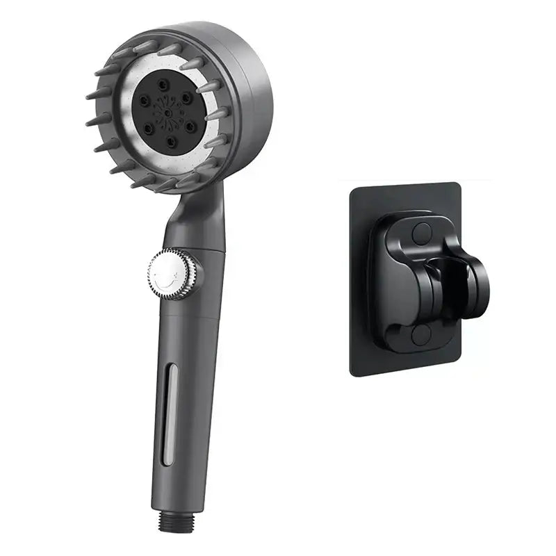 Black and silver decorbites adjustable high pressure shower head with circular nozzles and matching wall mount