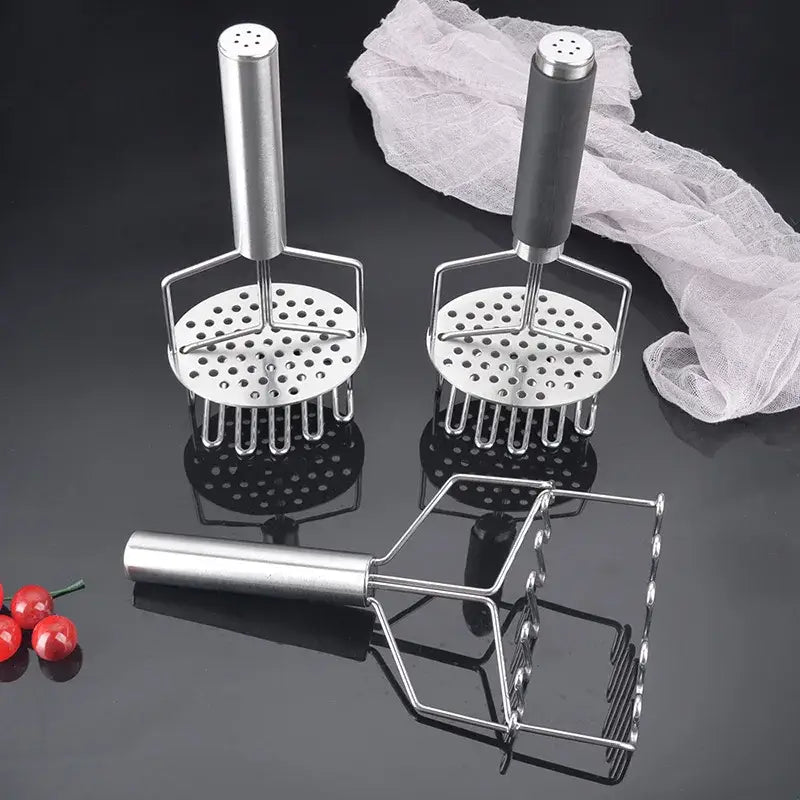 Black and silver stainless steel potato masher set with one black grip handle and one silver finish for food crushing
