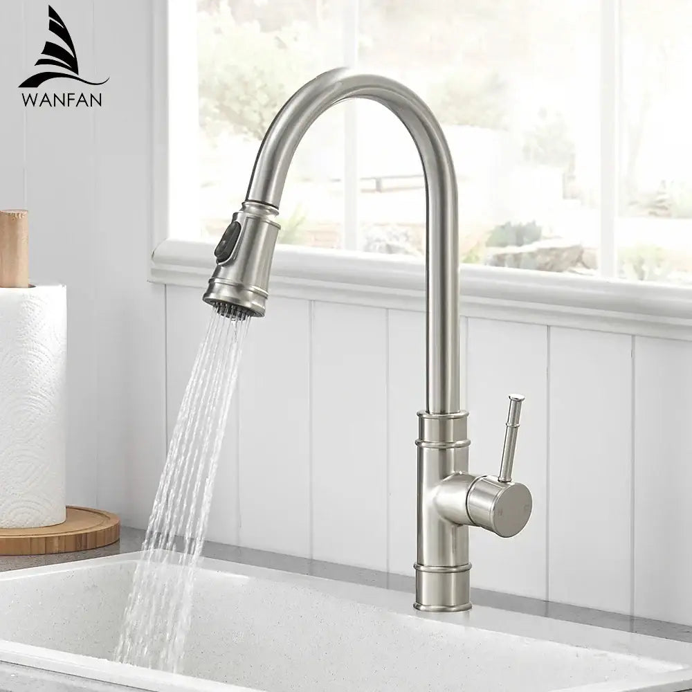 Black single handle stainless steel kitchen faucet with sleek arched spout and pull-down spray head decorbites single handle