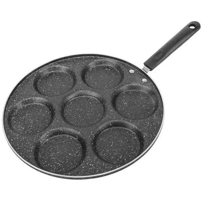 Black speckled non-stick breakfast egg pan with six circular holes and black handle for decorbites breakfast use