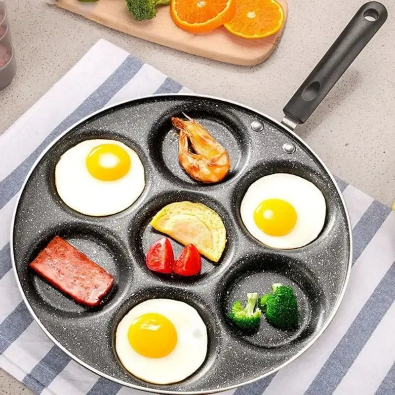 Black speckled six section breakfast egg pan with black handle for decorbites breakfast egg cooking and kitchen use