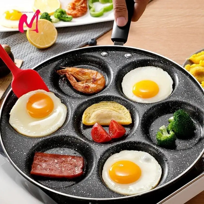 Black speckled decorbites breakfast egg pan with six compartments cooking eggs shrimp vegetables and sausage