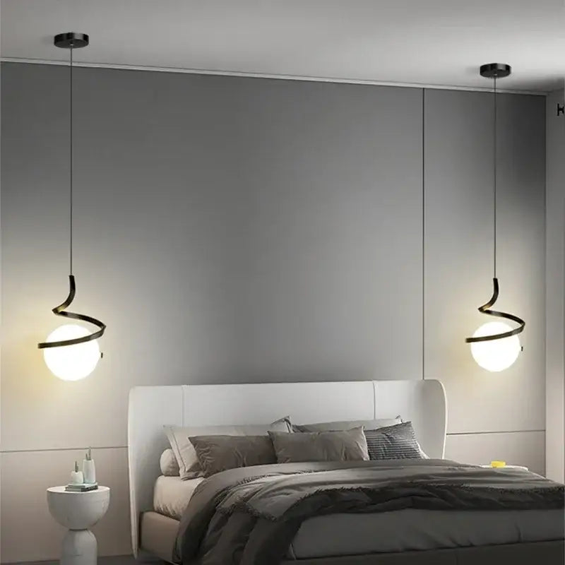 Modern black spiral cord pendant light with frosted glass shades for dining room cord pendant installation above bed