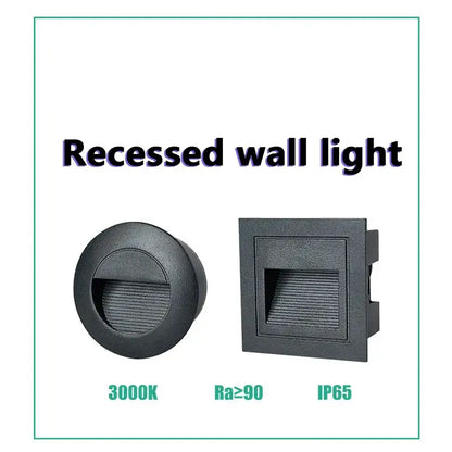 Black square and circular ip65 waterproof embedded step lights with textured surfaces and horizontal slats for outdoor decorbites 3w ip65