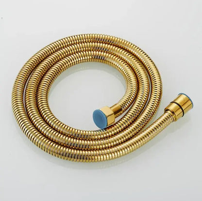 Gold-colored stainless steel flexible shower hose with brass fittings and blue rubber cap for bathroom use