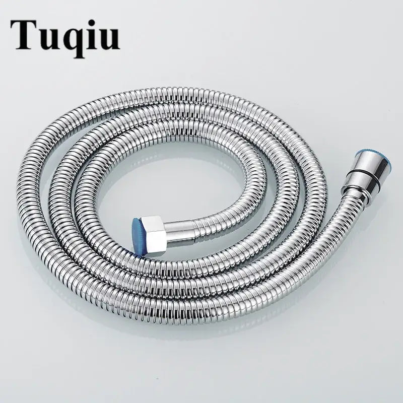 Tuqiu brand black stainless steel flexible shower hose with chrome finish ribbed metal construction and blue-tipped connectors