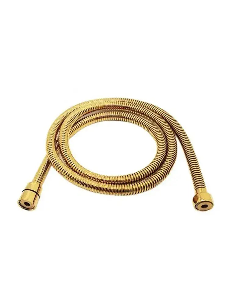 Gold-colored stainless steel flexible shower hose with brass fittings and coiled design for bathroom use