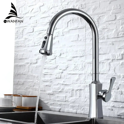 Chrome-finished pull-down kitchen faucet with sleek arched spout and single lever handle decorbites black stream handle