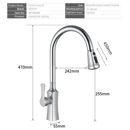 Shiny chrome kitchen faucet with sleek curved spout and pull-down spray head featuring decorbites black stream handle
